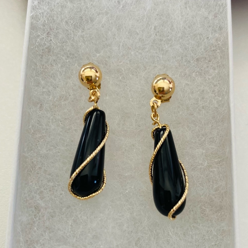 14K Yellow Gold 1” Onyx Dangle Gold Wire Twist Drop Earrings Vintage Unique - Picture 6 of 8